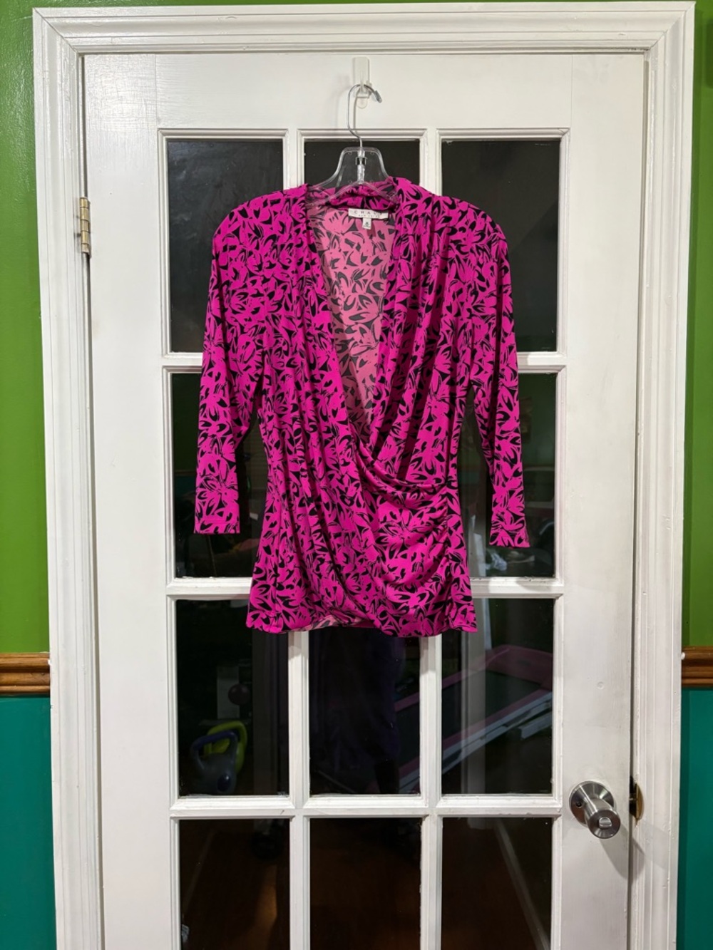 Fuchsia Pink & Black Printed Wrap Blouse